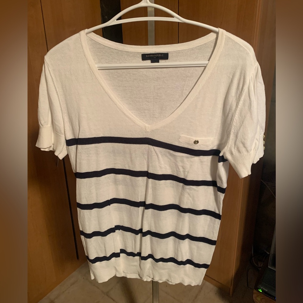 Banana Republic Navy and White Striped V-Neck Tee